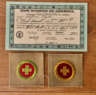 Boy Scout Square First Aid Merit Badges And 1934 Card