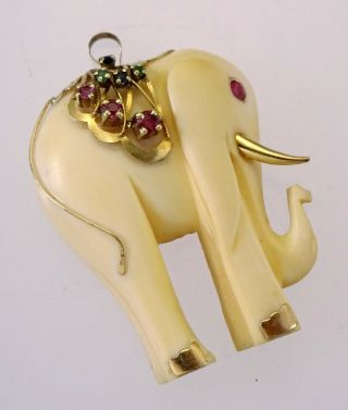Vintage Carved Bovine Bone Elephant Pendant W/14k & Gemstone Decorations