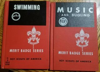 Two Boy Scout Hard Cover Merit Badge Books Swimming & Music And Bugling