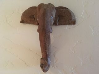 Vintage Hand Carved Wooden Elephant Head Trunk Up Wall Hanging Wall Hook