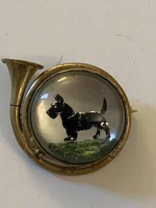Vintage Scottie Dog Scottish Terrier Glass French Horn Gold Colored Pin