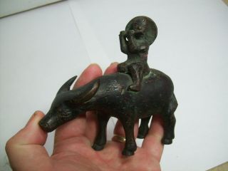 Antique Solid Bronze Oriental Water Buffalo And Flute Playing Figure