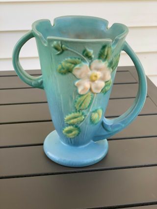 Vintage Roseville Pottery White Rose Two Handled Blue Green Flower Vase 7”