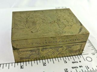 Antique Chinese Solid Brass Carved,  Wood Lined Humidor,  Trinket