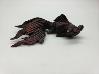 Little Carved Rose Wood Swimming Goldfish / Koi Fish Figurine W/ Glass Eyes
