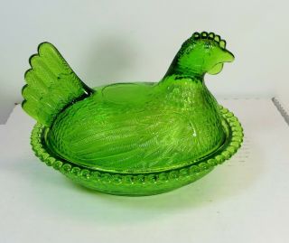 Vintage Green Glass Covered Candy Dish Chicken Hen Nest Farmhouse Bowl 2 Pc Bird