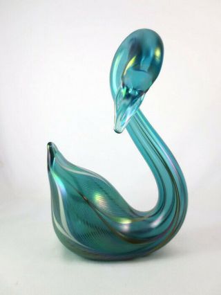 Vintage Stuart Abelman Signed Art Glass Swan Pulled Feather Green Blue