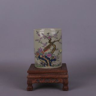 13 9cm Collect China Ceramics Famille - Rose Porcelain Flower Bird Round Brush Pot