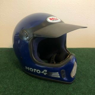 Vintage 1980 Bell Moto 4 Motocross Full Face Helmet Blue Black Visor 7 5/8