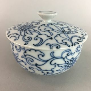 Japanese Porcelain Lidded Teacup Vtg Blue And White Yunomi Sometsuke Floral Qt4