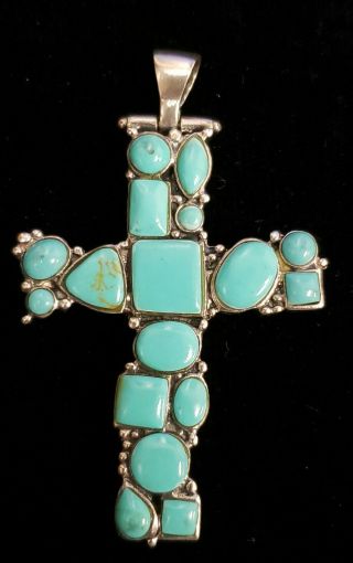 Vintage Large Navajo Sterling Silver & Turquoise Stones Cross Pendant