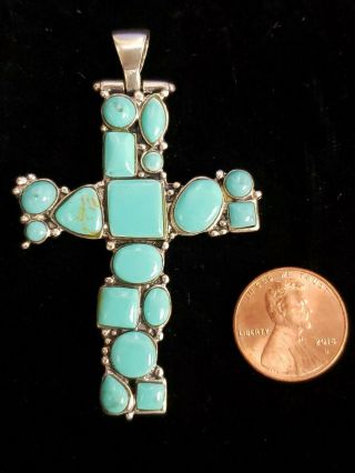 Vintage Large Navajo Sterling Silver & Turquoise Stones Cross Pendant 3