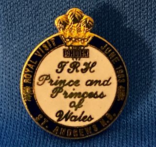 Vin Royal Visit June 1983 Prince & Princess Wales Gold Tone W Blue Tac Pin Lapel