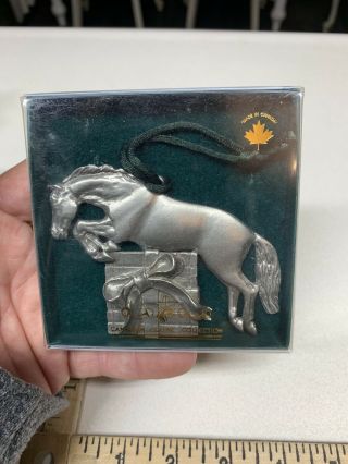 Vintage Pewter Equestrian Horse Rider Christmas Ornament Happy Holidays Jumper