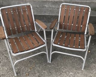 2 Vintage Aluminum Redwood Folding Lawn Chairs Wood Slats Mcm