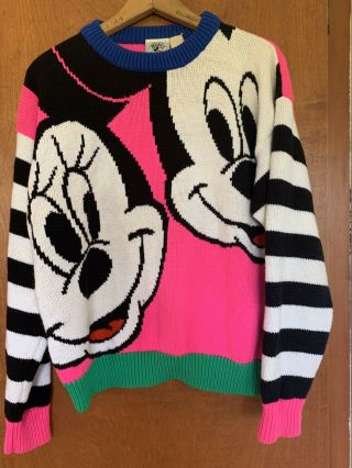 Vintage Walt Disney Mickey & Co Sweater Minnie Mouse Color Block Neon Retro