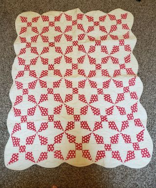 Vintage Red White Crib Quilt Hand Pieced Hand Quilted 4 Point Feed Sack 35 X 46