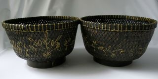 Set 2 Chinese Wicker Reed Basket Hand Painted Black Yellow Flowers