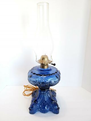 Vintage Cobalt Blue Glass Electric Oil Lamp Princess Feather Pattern 9 "