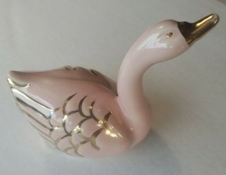 Vintage Pink Swan Figurine.  Gold Trim And Accents,  Ceramic.