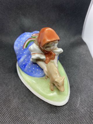 1960s Vintage Herend Hungary Porcelain Peasant Girl With Pig Figurine