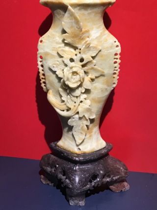 Antique Vtg Chinese Soapstone Hand Carved Relief Vase Floral Soap Stone