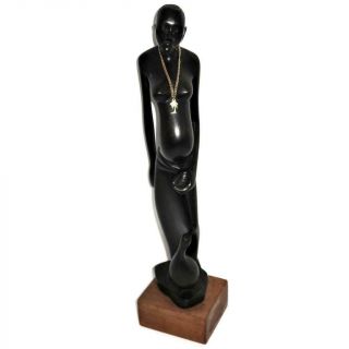 Vintage African Hand Carved Ebony Wooden Statue Woman W/ Water Jug,  18 1/2 "