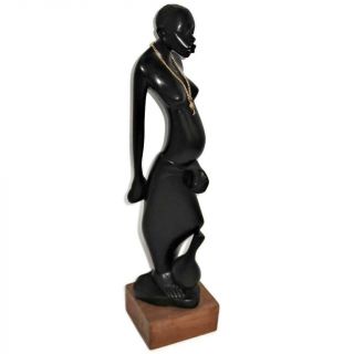 Vintage African Hand Carved Ebony Wooden Statue Woman w/ Water Jug,  18 1/2 