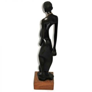 Vintage African Hand Carved Ebony Wooden Statue Woman w/ Water Jug,  18 1/2 