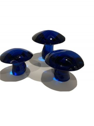 Mid Century Modern Vintage Cobalt Blue Viking Glass Mushroom Paperweights