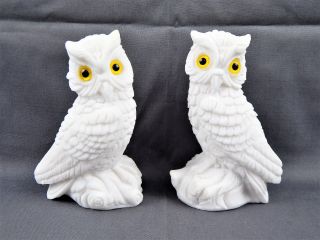 Pair Vintage White Alabaster Horned Owl Figurines Signed F.  A.  Made In Italy 5.  5 "
