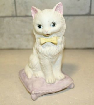 Ceramic White Cat Sitting On Purple Pillow Figurine Animal Blue Eyed Kitten