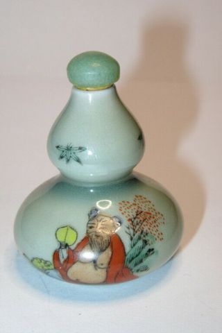Fine Old Chinese Asian Snuff Bottle - Green Celadon Painted Man Signed