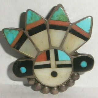 Vintage Zuni Sterling Silver Bolo Tie Sun Face Old Pawn Turquoise Coral Onyx