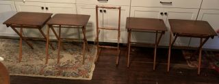 Set Of 4 Vintage Wooden Tv Trays With Storage Rack