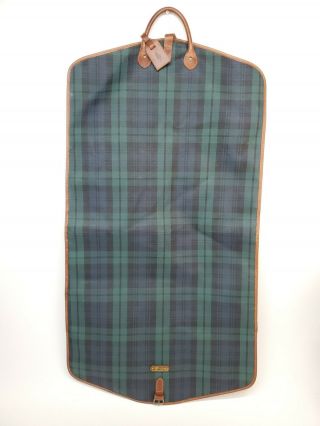 Vintage Polo Ralph Lauren Plaid Garment Luggage Bag With Leather Trim And Brass