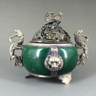 Exquisite Delicate Chinese Decorated Old Jade& Tibet Silver Incense Burner Rt31