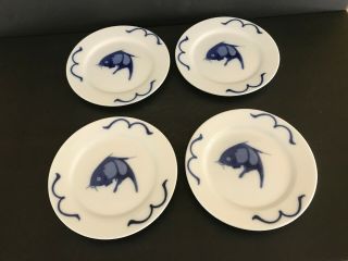 Misty Rose Chinese Porcelain Blue White Koi Fish 7 " Sushi Plates Set Of 4