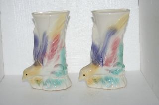 2 Vintage Art Pottery Multiclored Pastels Birds Over Water Wall Pockets