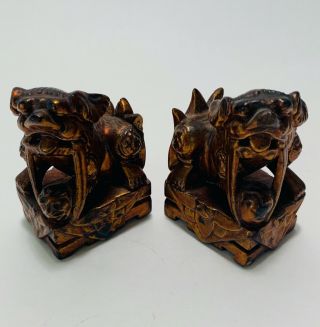 Pair Vintage Chinese Carved Wood Foo Dog Lion Statue Trinket Shrine