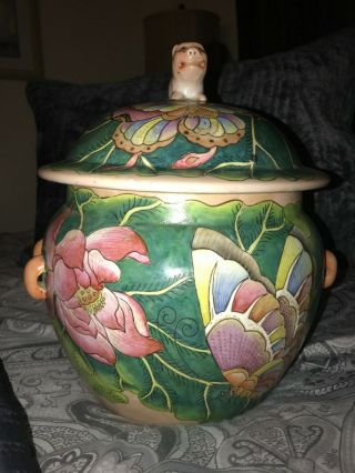Large Chinese Porcelain Lidded Pot Butterflies Made In Macau