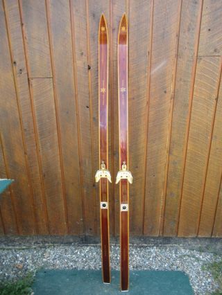 Vintage Hickory Wooden 70 " Skis Brown Finish Great Skis