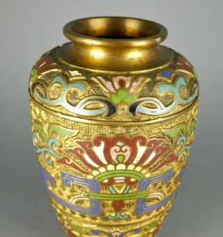 Antique Japanese Meiji Period Cloisonne Gold Gilt Archaic Bronze Vase 3
