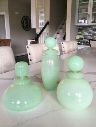 Vtg Jadeite Jadite Green Glass Bottles W/stoppers Apothocary Opaque Set Of 3