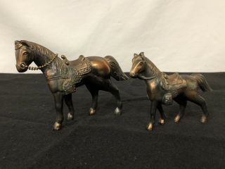 2 Vintage Brass Horses Metal Figurines Statue Mare & Colt