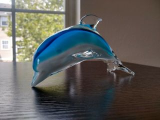 Glass Dolphin Figurine Paper Weight Blue White & Clear 7 " L X 4.  5 " H X X 3 " W