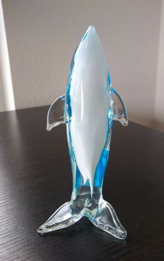 Glass Dolphin Figurine Paper Weight Blue White & Clear 7 