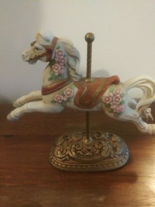Ceramic Carousel Horse 6 " On Metal Base 3 3/4 ".  Adorned With Colorful Flowers