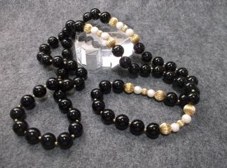 Vintage 14k Yellow Gold Black Onyx & Pearls Necklace 32 " L