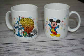 2 - Vintage Walt Disney Mickey Mouse Epcot Center White Coffee Mug Cups Bundle